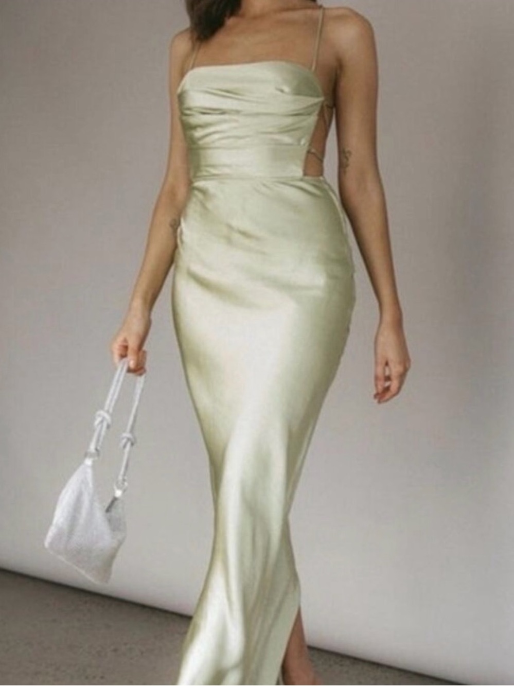 Selfie Leslie cross back satin green bodycon maxi dress NWT size small